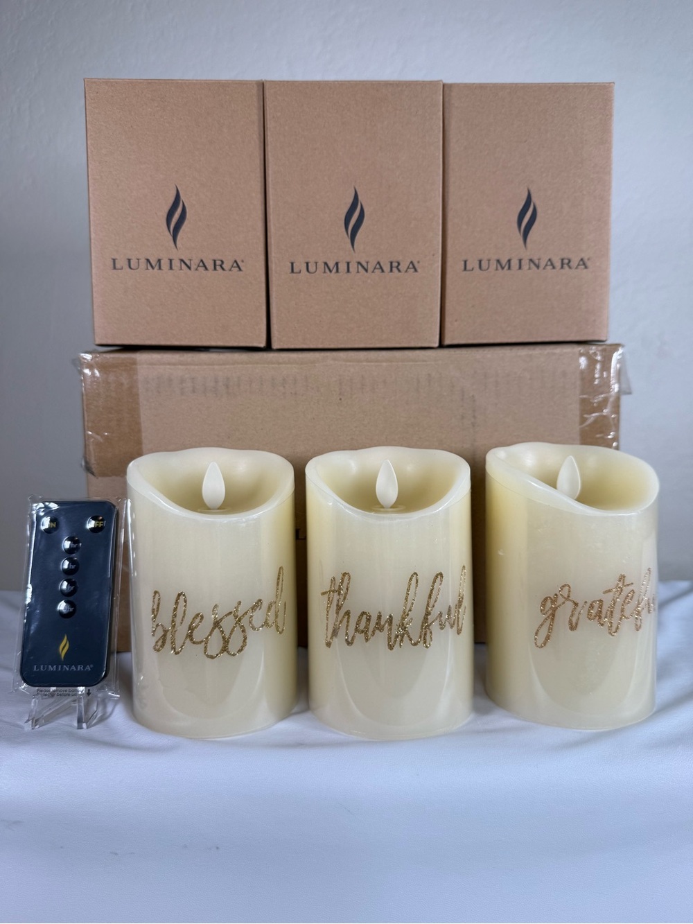 NEW Luminara Sentimental Flameless LED Candle Set Blessed Thankful Grateful